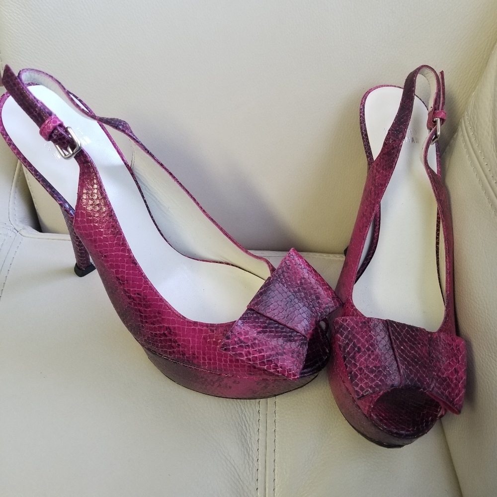 stuart weitzman snakeskin platform heels with bows